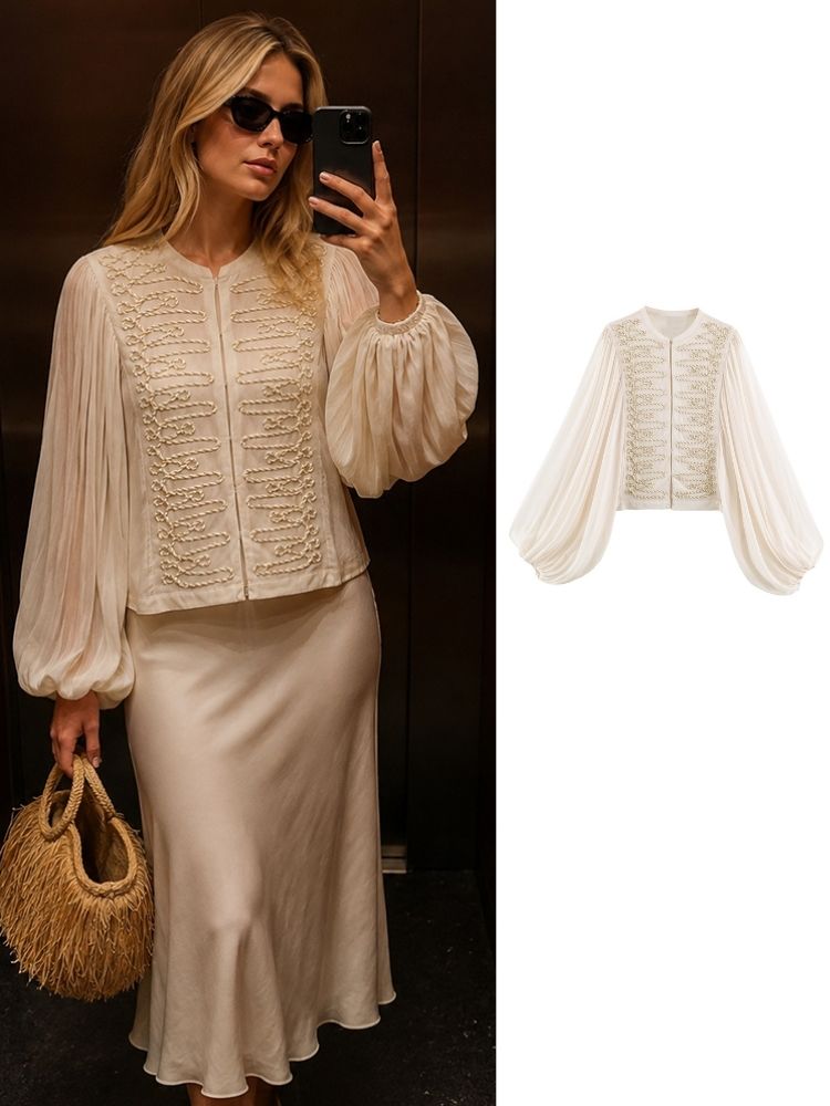 Embroidery Uniform - Cardigã Feminino HH de Chiffon Curto