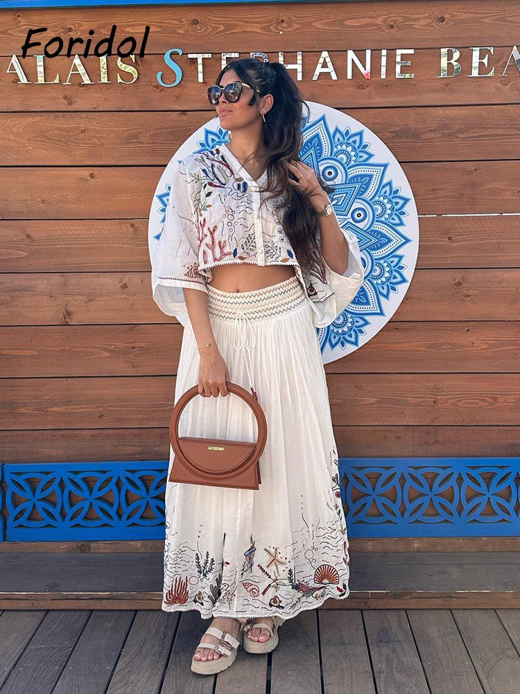 Embroidery Uniform - Foridol-Conjunto maxi saia manga batwing, vestido