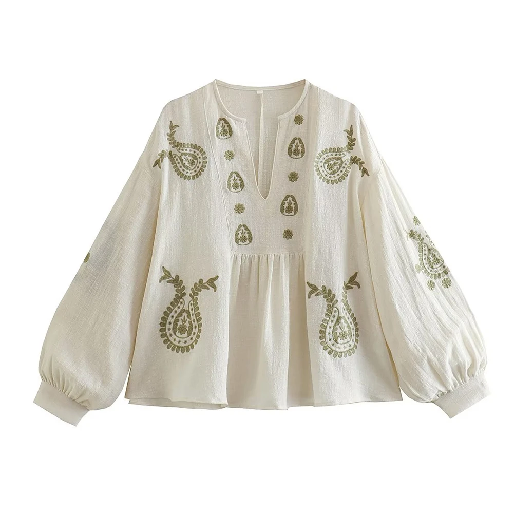 Embroidery Uniform - Nova camisa feminina solta bordada de