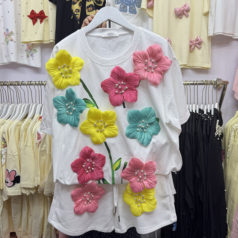 Embroidery Beads - Verão colorido 3d flores camiseta pérolas
