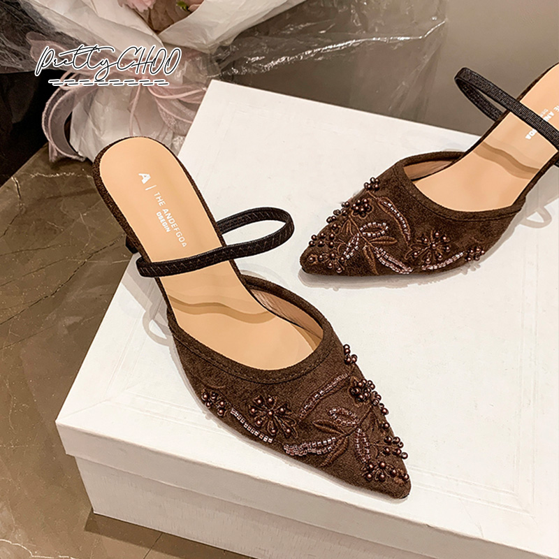 Embroidery Beads - Sapatos Slingback com Pérolas para Mulheres,