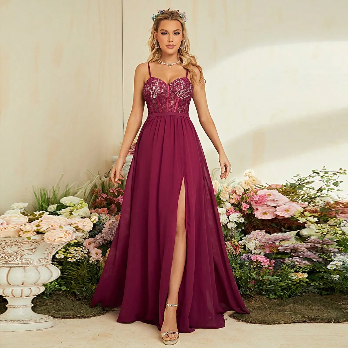 Vestido longo de cor sólida co - Embroidery Online Designs avaliação e preço
