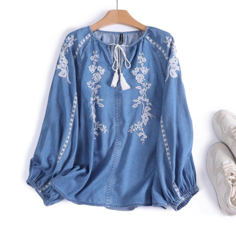 Mulheres denim blusa superior  - Embroidery Uniform avaliação e preço